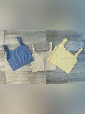 Ribbed Square-Neck Crop Tank - Blue, Cream, Yellow